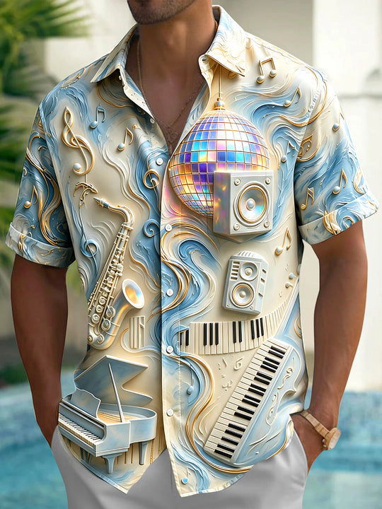 Adaychic Men's Graphic Disco Ball Print Short Sleeve Shirt with Chest Pocket