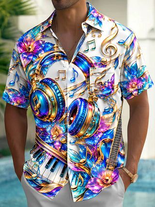 Adaychic Men's Hawaiian 3D Musical Instruments Print Short Sleeve Shirt with Chest Pocket