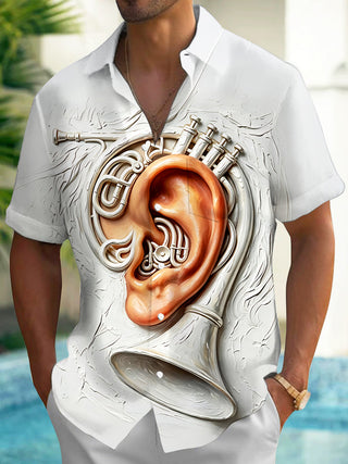 Adaychic Men's Graphic 3D Relief Ear And French Print Short Sleeve Shirt with Chest Pocket