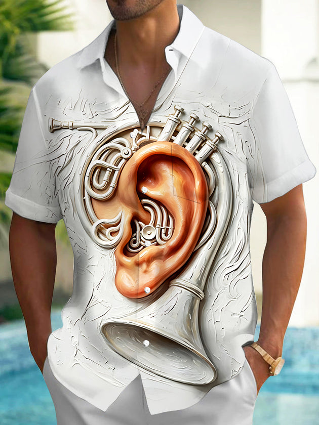 Adaychic Men's Graphic 3D Relief Ear And French Print Short Sleeve Shirt with Chest Pocket