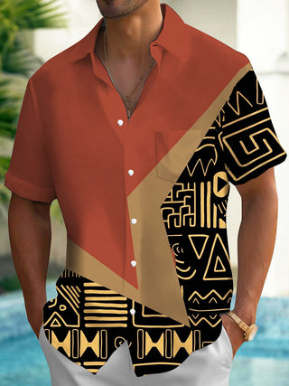 Adaychic Men's Vintage Style Tribal Geometric Pattern Short Sleeve Shirt with Chest Pocket
