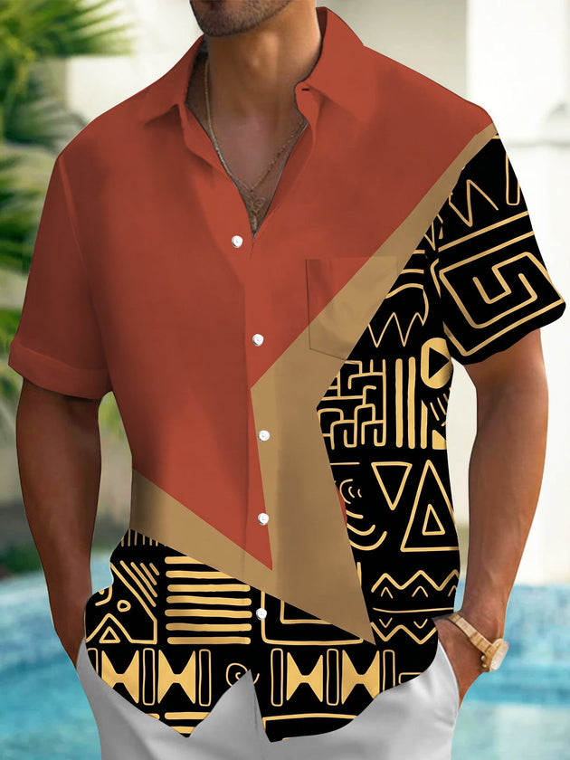 Adaychic Men's Vintage Style Tribal Geometric Pattern Short Sleeve Shirt with Chest Pocket