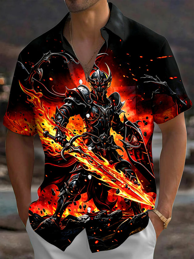 Adaychic Men's Graphic Flame Print Halloween Print Short Sleeve Shirt with Chest Pocket