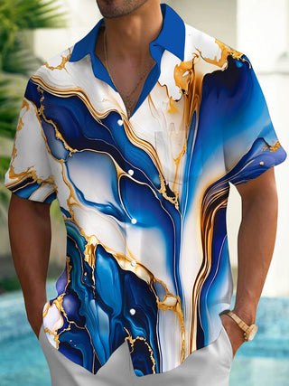 Adaychic Men's Printed Blue Gold Fluid Marble Print Short Sleeve Shirt with Chest Pocket