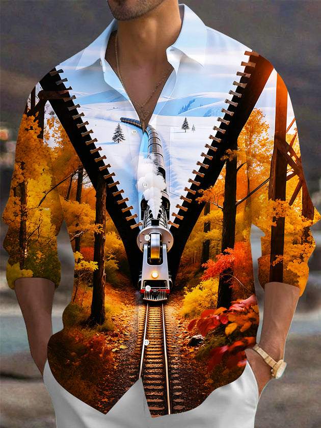 Adaychic Men's Graphic Autumn Forest Train Print Long Sleeve Shirt with Chest Pocket