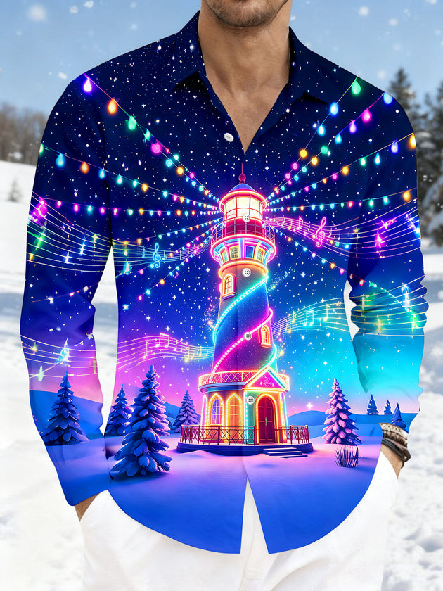 Adaychic Men's Graphic Neon Lighthouse Print Long Sleeve Shirt with Chest Pocket