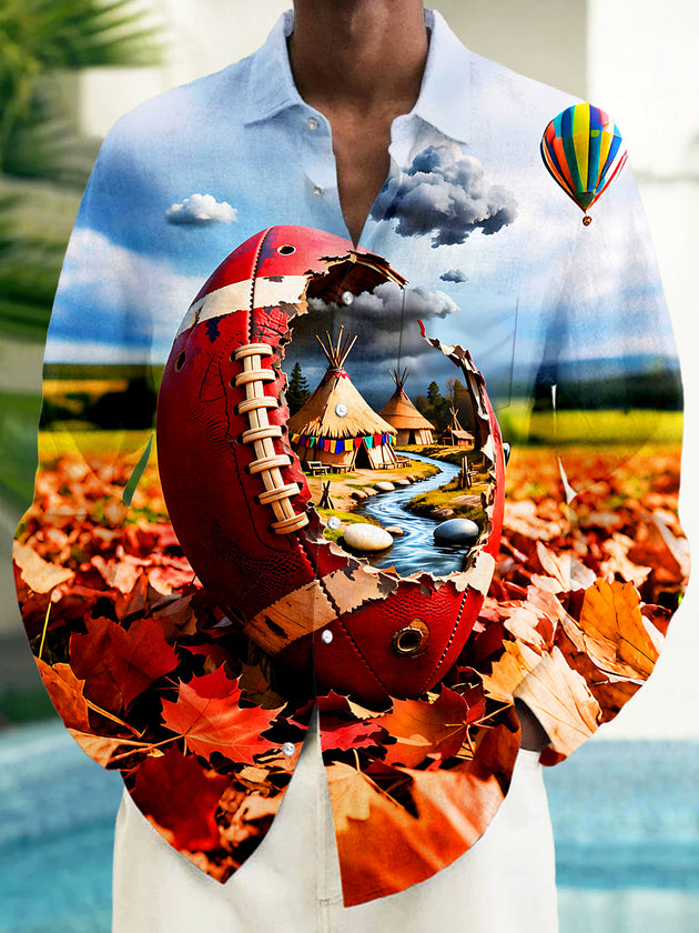 Adaychic Men's Graphic Football Print Autumn Leaves Print Long Sleeve Shirt with Chest Pocket