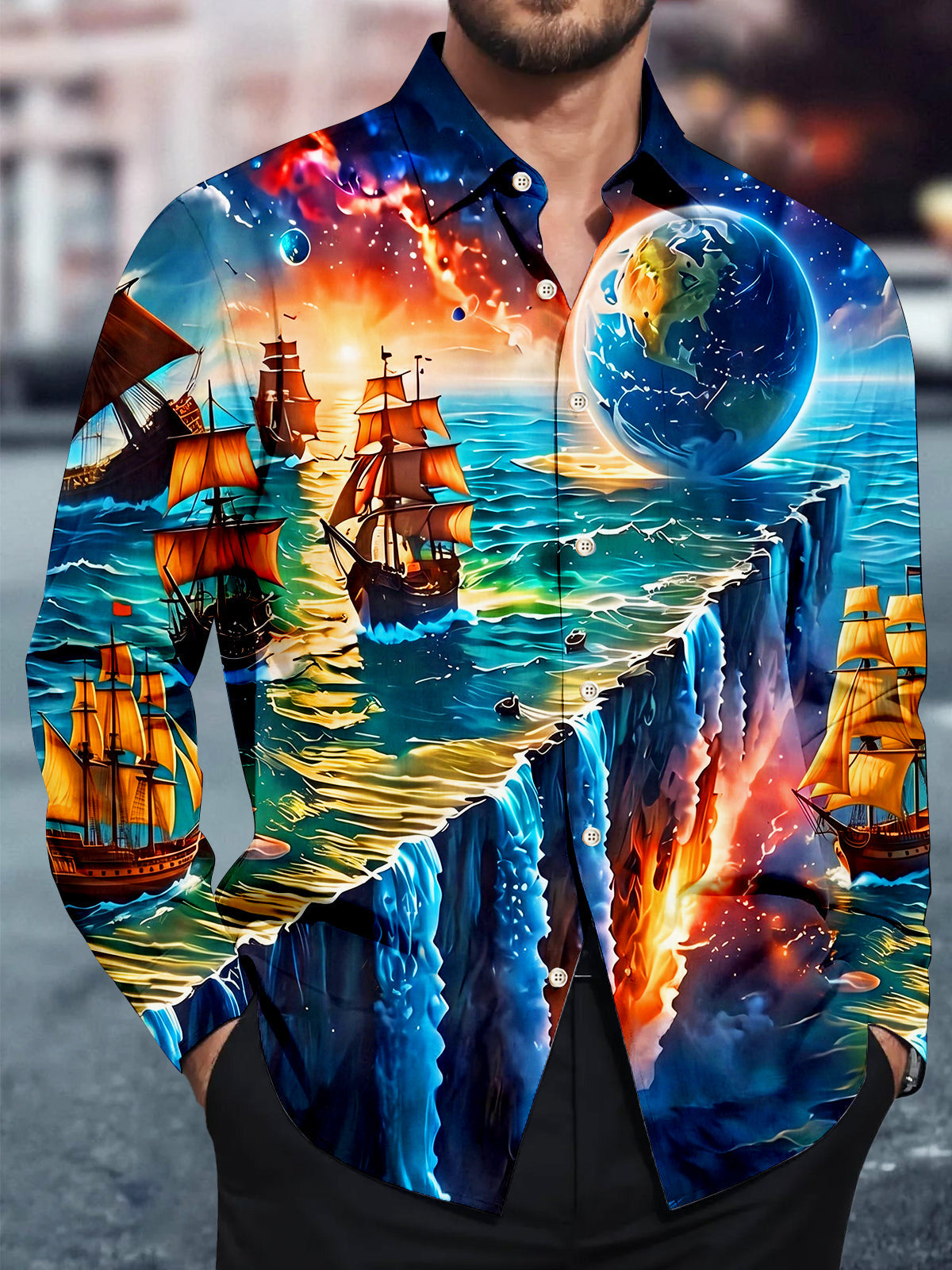 Adaychic Men's Graphic Sailing Ships Print Ocean Waves Print Long Sleeve Shirt with Chest Pocket