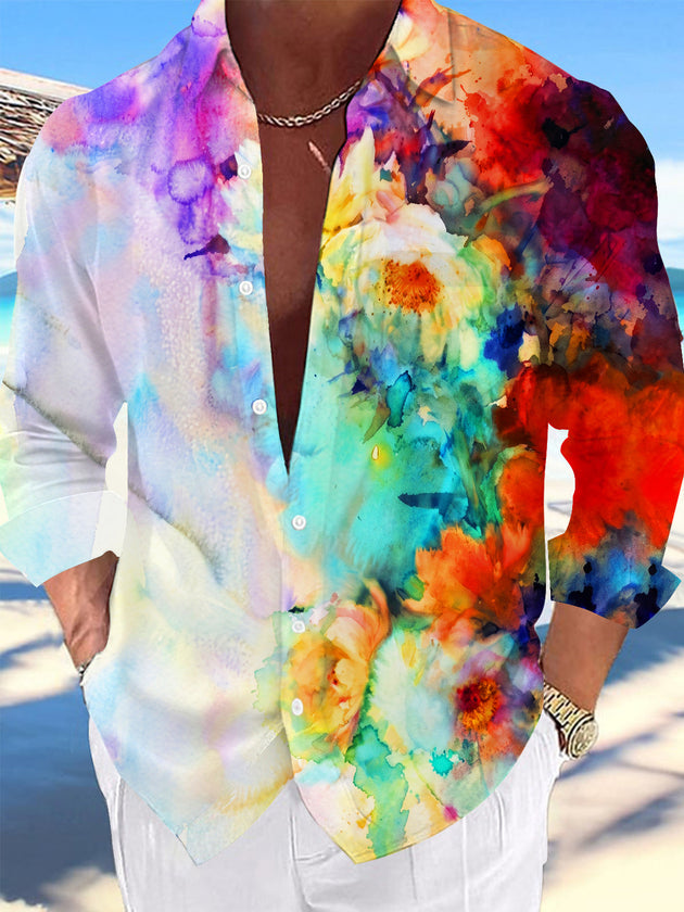 Adaychic Men's Printed Watercolor Flowers Print Long Sleeve Shirt with Chest Pocket