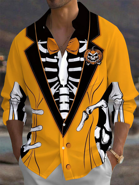 Adaychic Men's Graphic Skeleton Tuxedo Print Long Sleeve Shirt with Chest Pocket