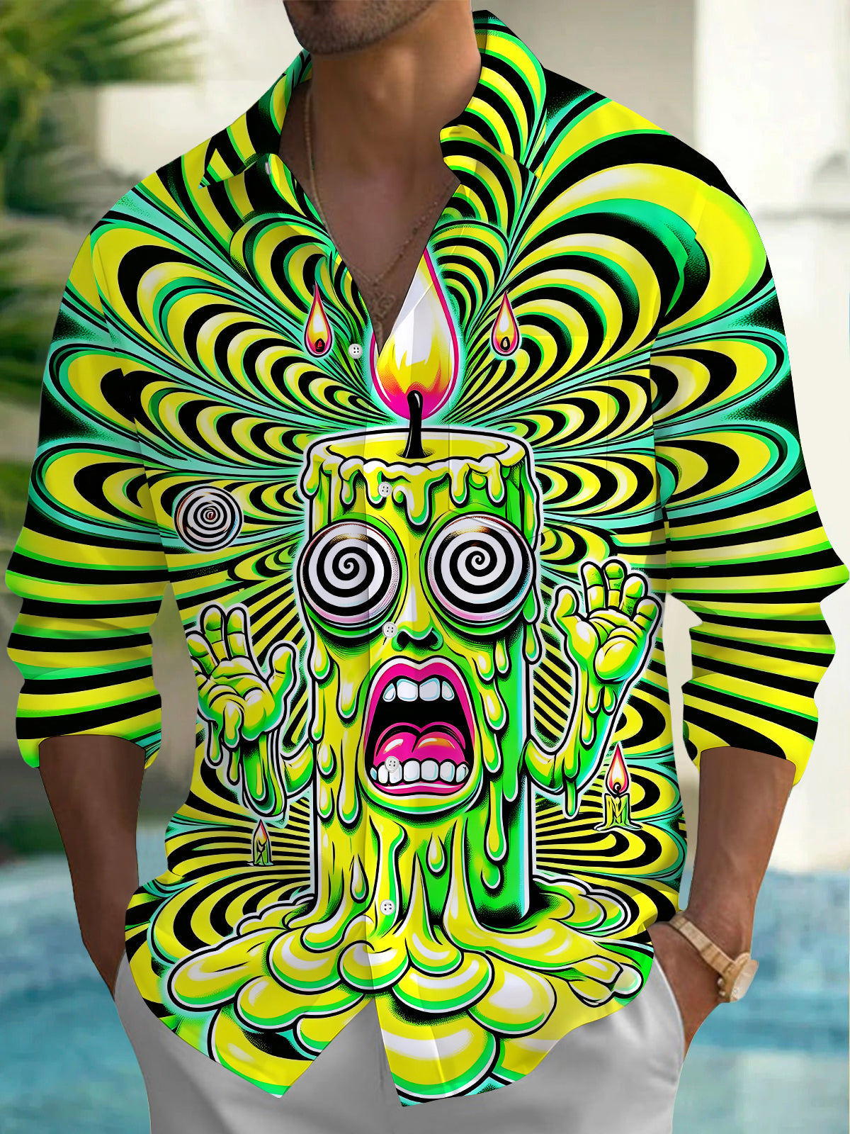 Adaychic Men's Graphic Psychedelic Candle Monster Print Long Sleeve Shirt with Chest Pocket