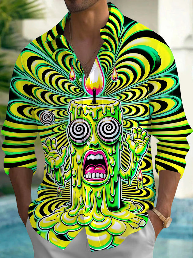 Adaychic Men's Graphic Psychedelic Candle Monster Print Long Sleeve Shirt with Chest Pocket
