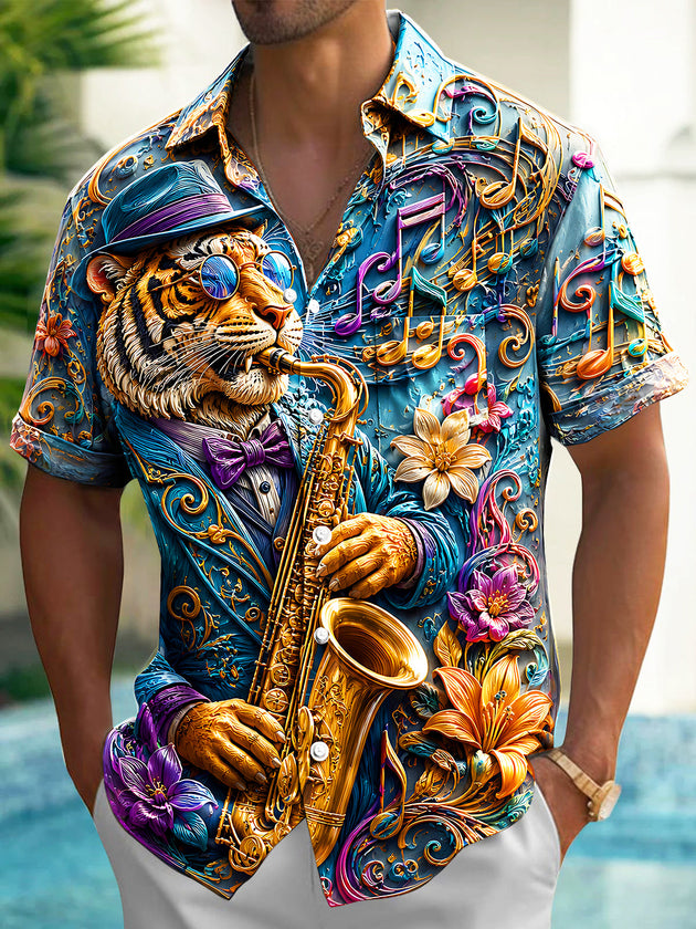 Adaychic Men's Graphic Tiger Playing Saxophone Print Short Sleeve Shirt with Chest Pocket