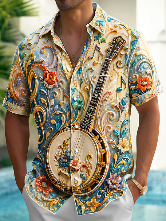 Adaychic Men's Vintage Style Banjo Relief Print Short Sleeve Shirt with Chest Pocket