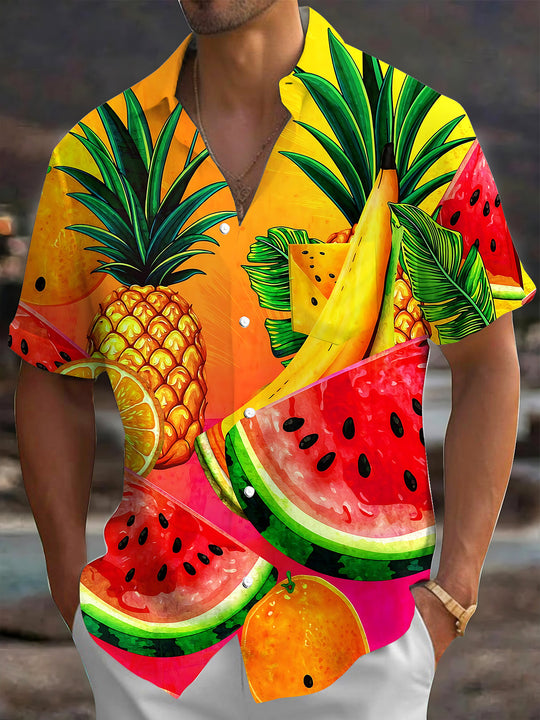 Adaychic Men's Hawaiian Tropical Fruit Pattern Short Sleeve Shirt with Chest Pocket