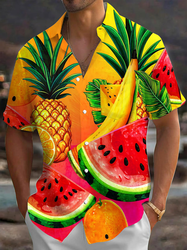 Adaychic Men's Hawaiian Tropical Fruit Pattern Short Sleeve Shirt with Chest Pocket