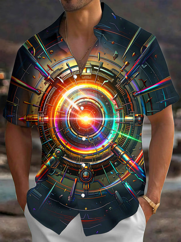 Adaychic Men's Graphic Cyberpunk Mechanical Compass Print Short Sleeve Shirt with Chest Pocket