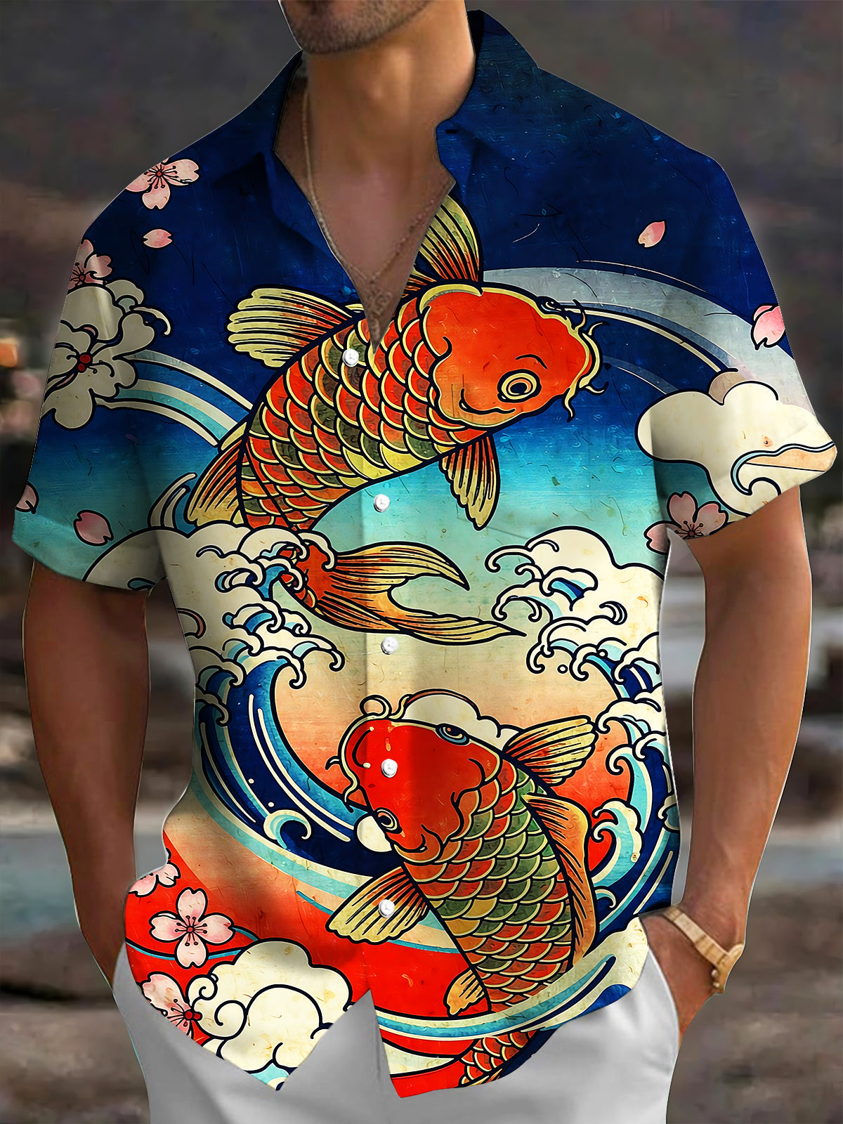 Adaychic Men's Hawaiian Koi Fish Print Ocean Waves Print Short Sleeve Shirt with Chest Pocket
