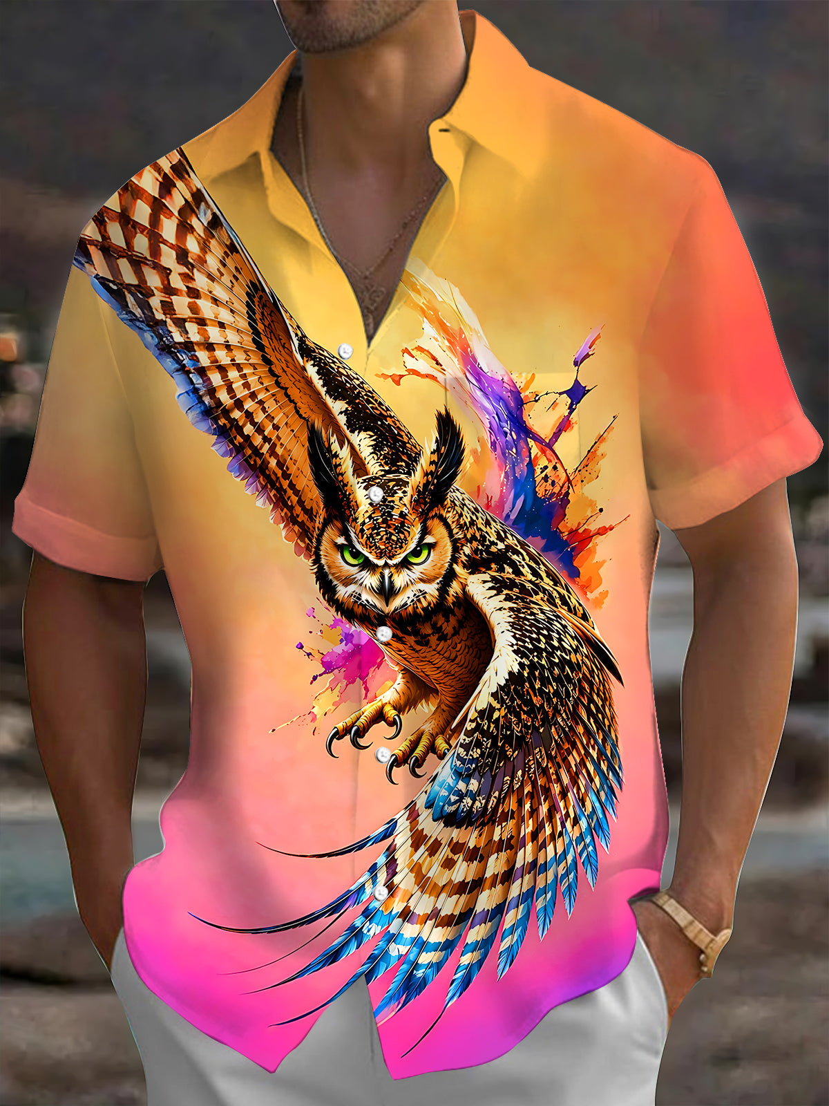 Adaychic Men's Graphic Flying Owl Print Short Sleeve Shirt with Chest Pocket