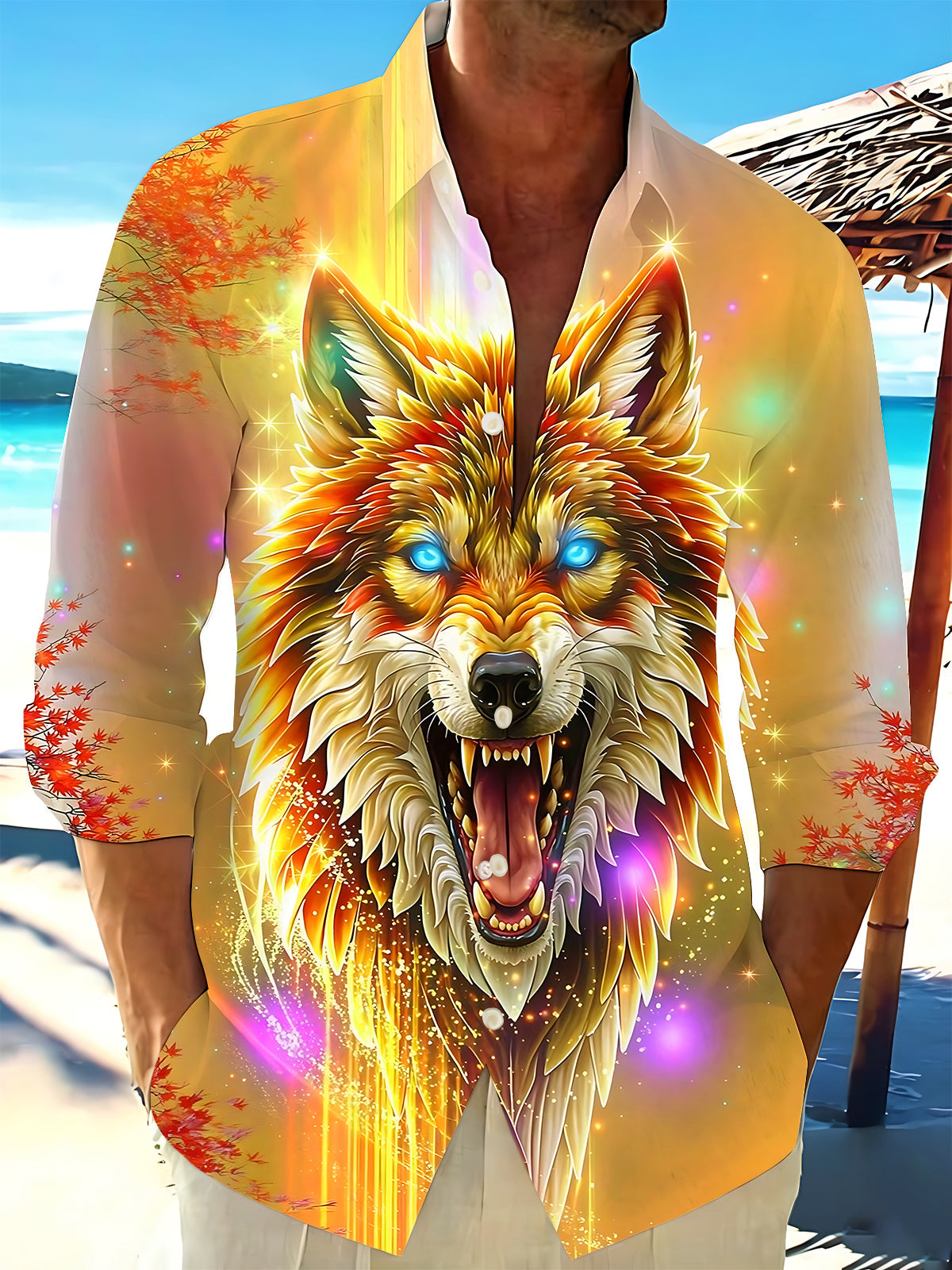 Adaychic Men's Graphic Glowing Wolf Head Print Long Sleeve Shirt with Chest Pocket