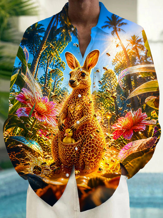 Adaychic Men's Graphic Honeycomb Kangaroo Print Long Sleeve Shirt with Chest Pocket
