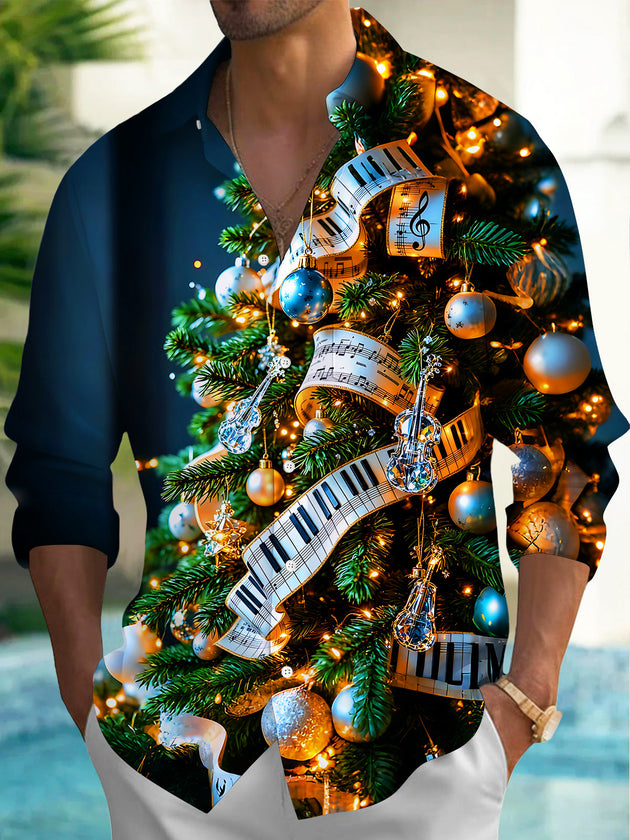 Adaychic Men's Graphic Christmas Tree Print Long Sleeve Shirt with Chest Pocket