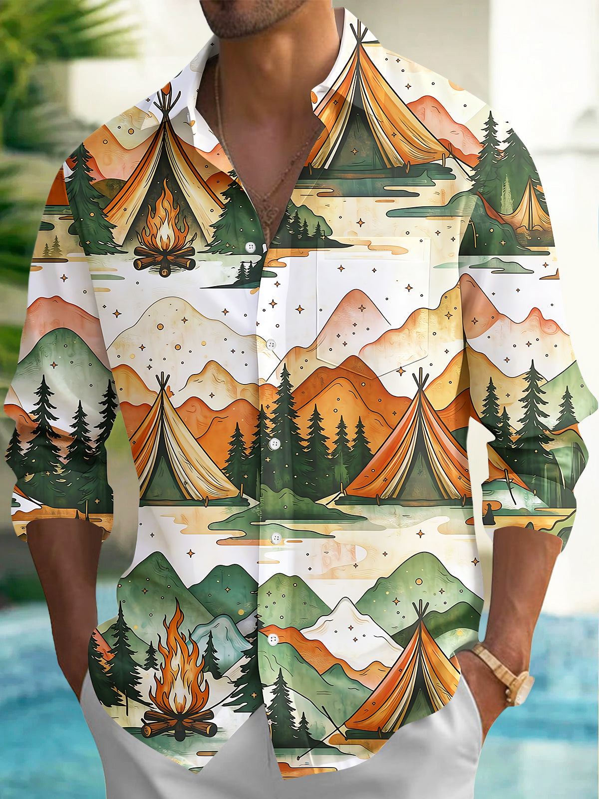 Adaychic Men's Printed Mountain Camping Scene Print Long Sleeve Shirt with Chest Pocket