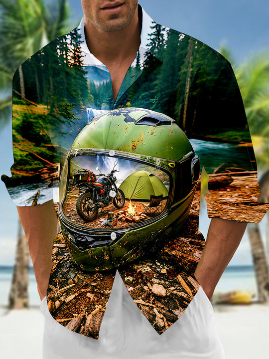 Adaychic Men's Printed Motorcycle Helmet Camping Scene Print Long Sleeve Shirt with Chest Pocket