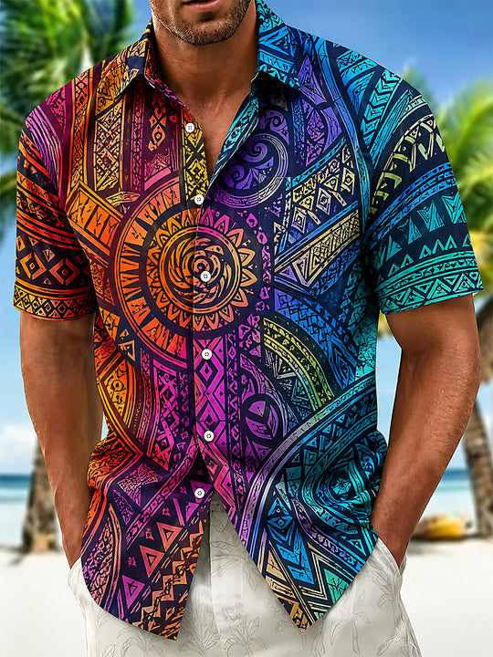 Adaychic Men's Graphic Colorful Geometric Totem Print Short Sleeve Shirt with Chest Pocket