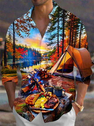 Adaychic Men's Printed Autumn Forest Camping Scene Print Long Sleeve Shirt with Chest Pocket