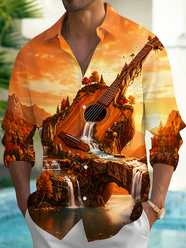 Adaychic Men's Graphic Guitar Landscape Print Long Sleeve Shirt with Chest Pocket