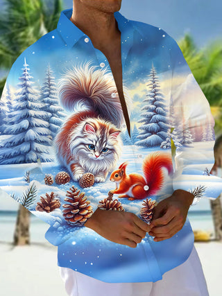 Adaychic Men's Graphic Winter Snow Scene Print Long Sleeve Shirt with Chest Pocket