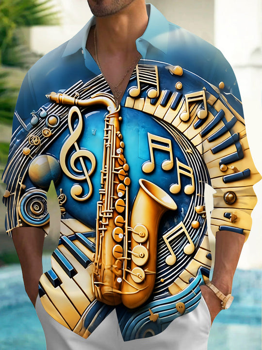 Adaychic Men's Graphic 3D Saxophone Print Piano Keys Print Long Sleeve Shirt with Chest Pocket