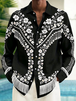 Adaychic Men's Floral Western Floral Embroidery Print Long Sleeve Shirt with Chest Pocket