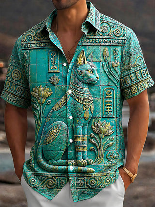 Adaychic Men's Vintage Style Egyptian Cat Relief Print Short Sleeve Shirt with Chest Pocket