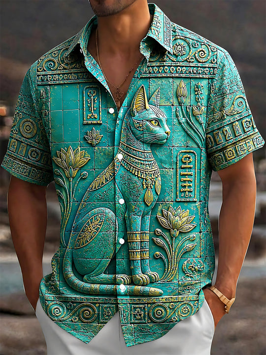 Adaychic Men's Vintage Style Egyptian Cat Relief Print Short Sleeve Shirt with Chest Pocket