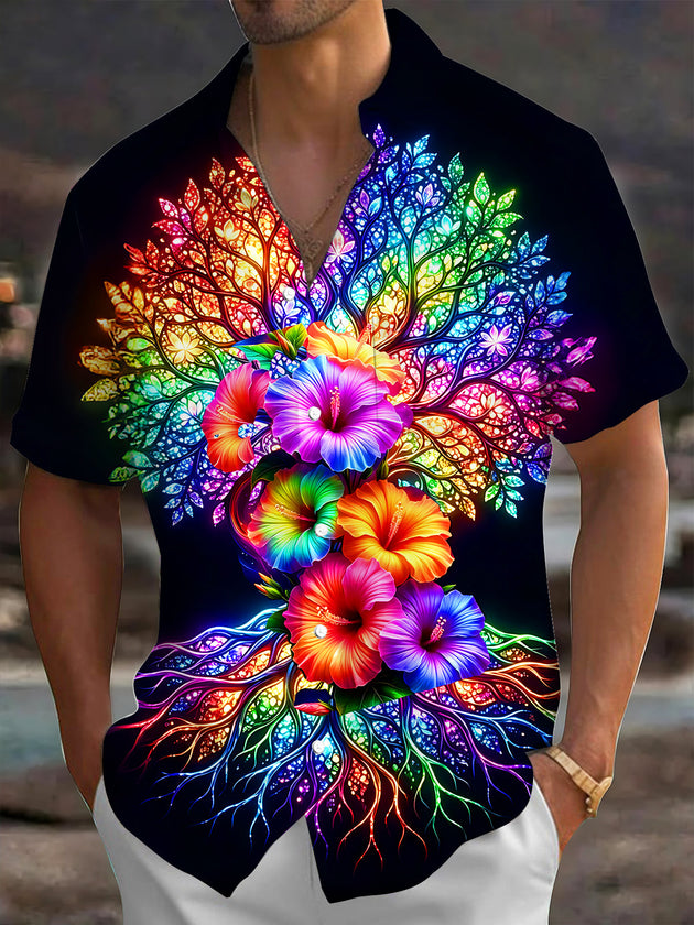 Adaychic Men's Hawaiian Neon Rainbow Tree Of Life Print Short Sleeve Shirt with Chest Pocket