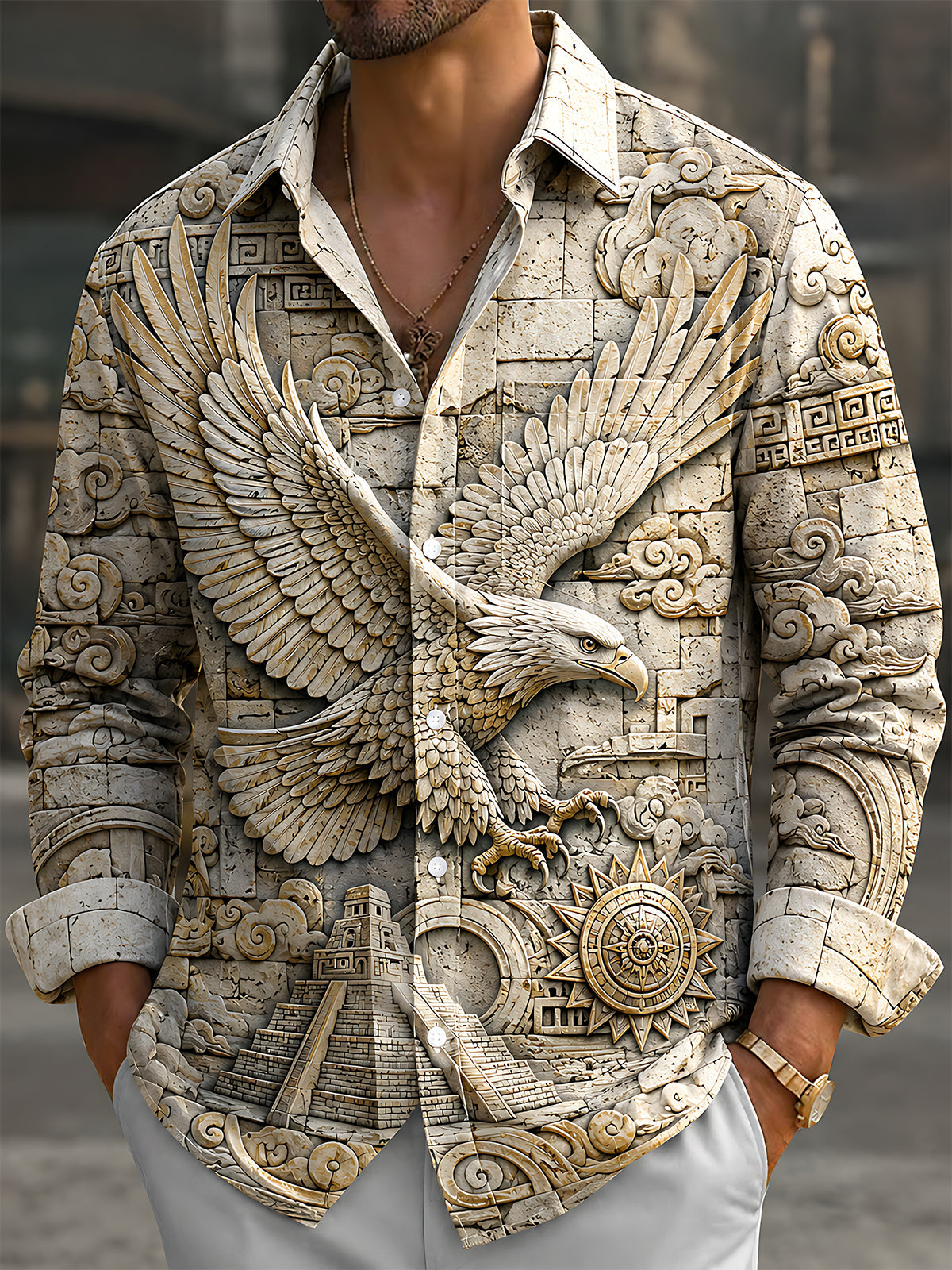 Adaychic Men's Vintage Style Stone Carved Eagle Print Long Sleeve Shirt with Chest Pocket