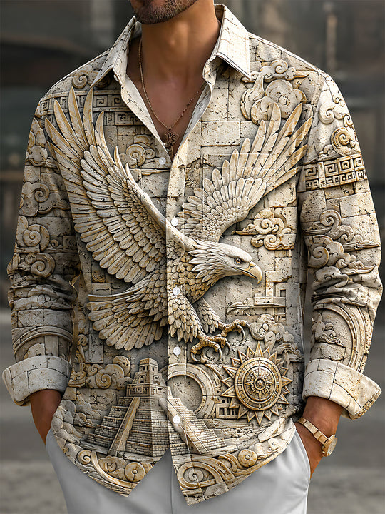 Adaychic Men's Vintage Style Stone Carved Eagle Print Long Sleeve Shirt with Chest Pocket