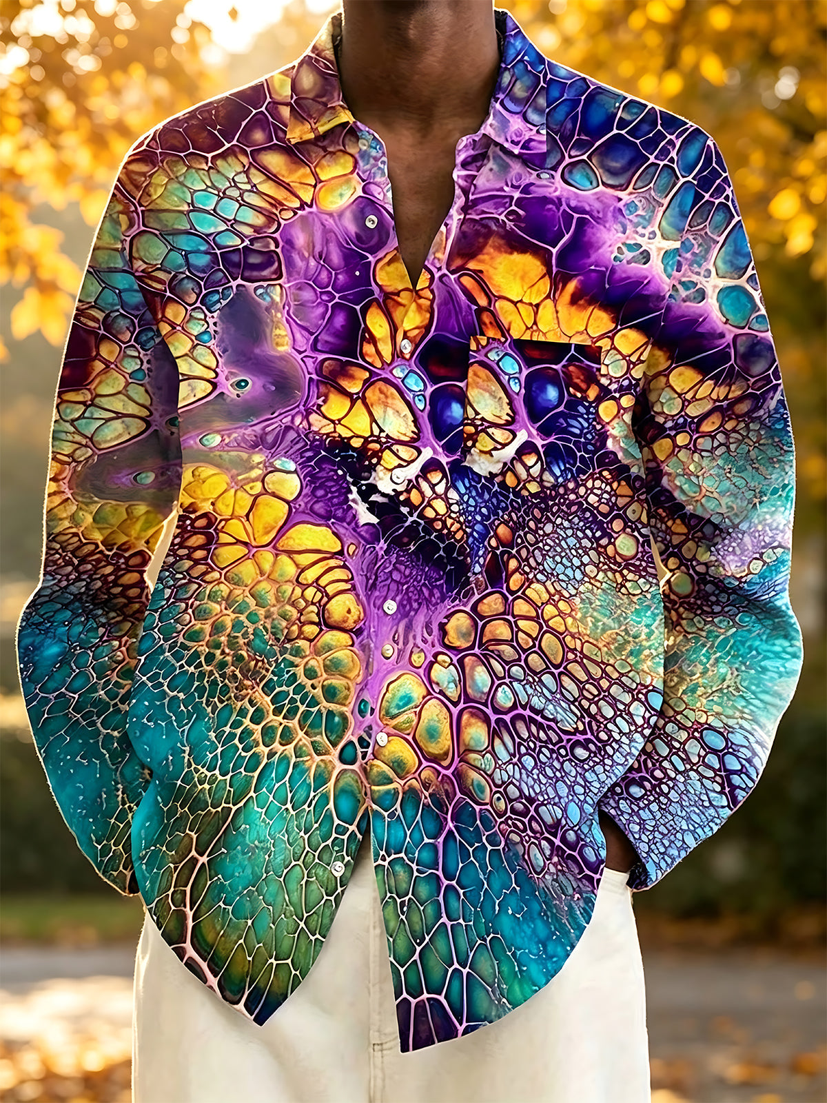 Adaychic Men's Printed Fluid Cell Texture Print Long Sleeve Shirt with Chest Pocket