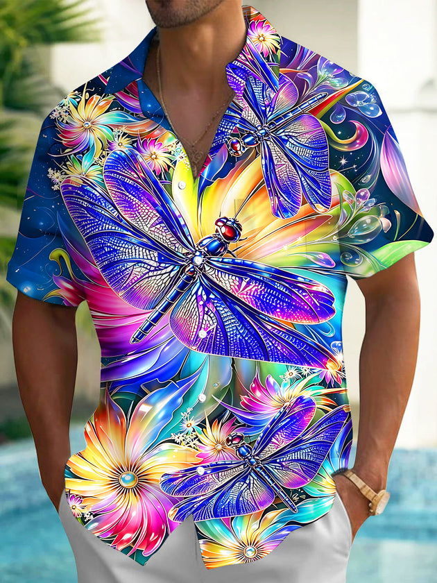 Adaychic Men's Hawaiian Neon Dragonfly Print Floral Pattern Short Sleeve Shirt with Chest Pocket