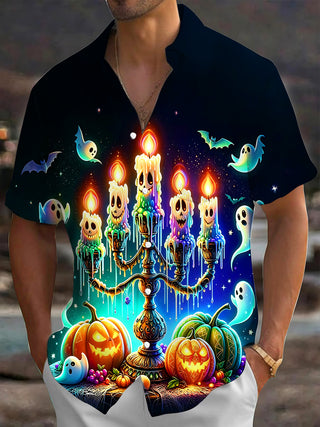 Adaychic Men's Graphic Halloween Candelabra Print Short Sleeve Shirt with Chest Pocket