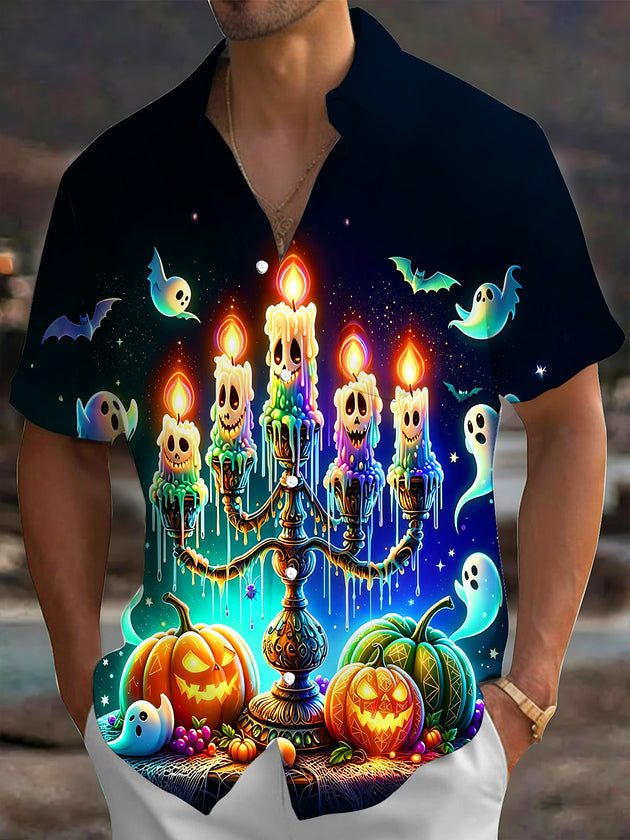 Adaychic Men's Graphic Halloween Candelabra Print Short Sleeve Shirt with Chest Pocket