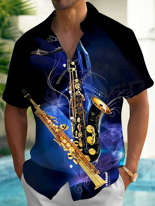 Adaychic Men's Graphic Saxophone Print Short Sleeve Shirt with Chest Pocket