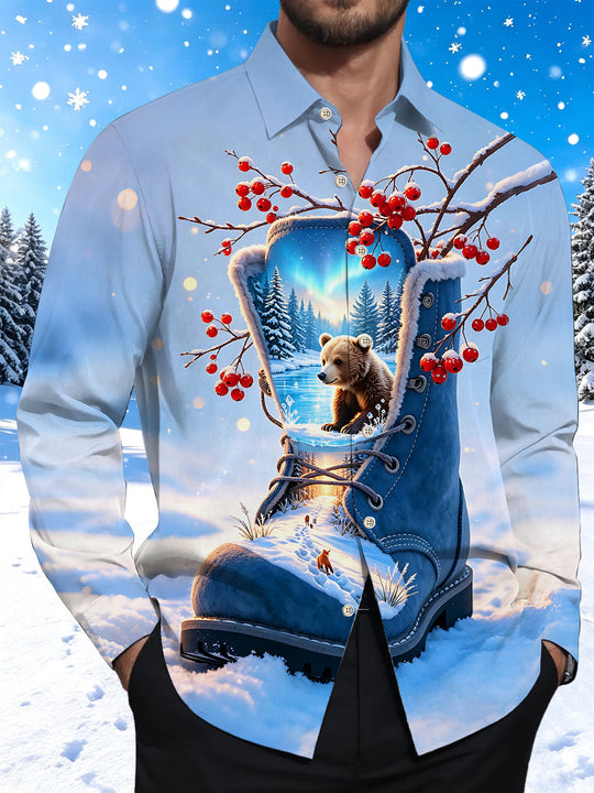 Adaychic Men's Graphic Winter Snow Scene Print Long Sleeve Shirt with Chest Pocket