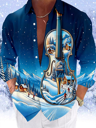 Adaychic Men's Graphic Violin Winter Snowscape Print Long Sleeve Shirt with Chest Pocket