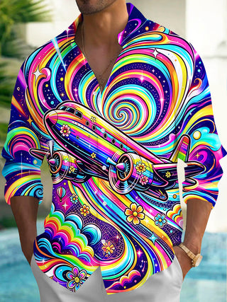 Adaychic Men's Graphic Rainbow Airplane Print Swirl Pattern Long Sleeve Shirt with Chest Pocket