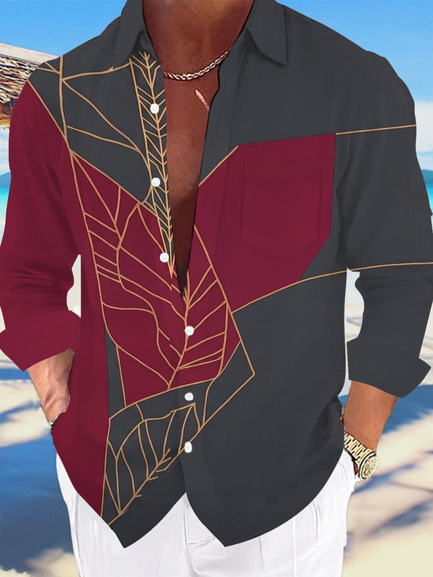 Adaychic Men's Vintage Style Gold Leaf Vein Geometry Print Long Sleeve Shirt with Chest Pocket