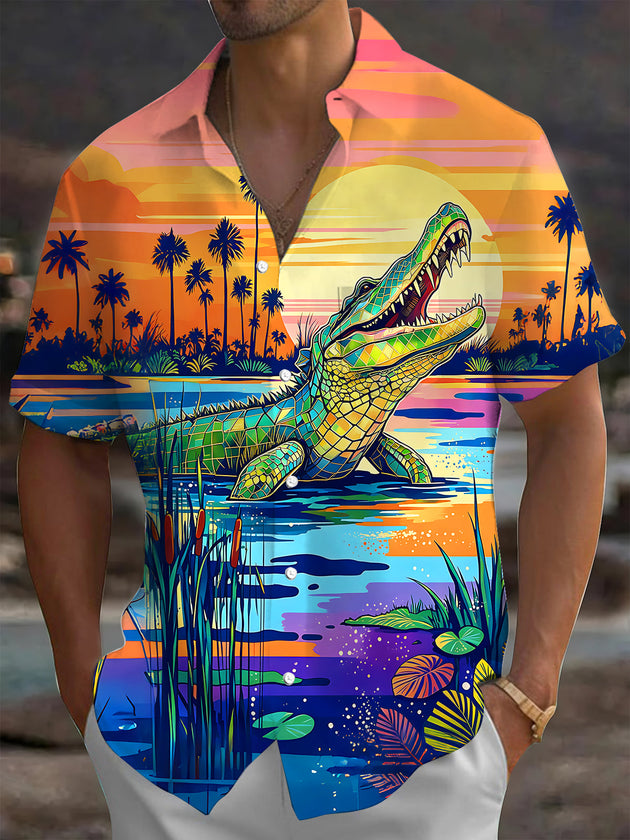 Adaychic Men's Hawaiian Sunset Swamp Crocodile Print Short Sleeve Shirt with Chest Pocket
