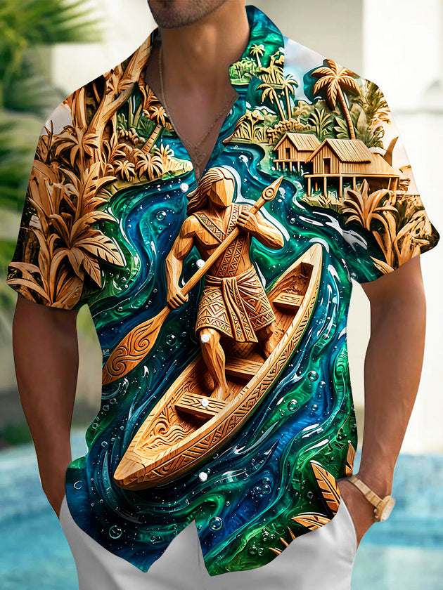 Adaychic Wood Carving Polynesian Canoe Men's Pocket Short Sleeve Shirts